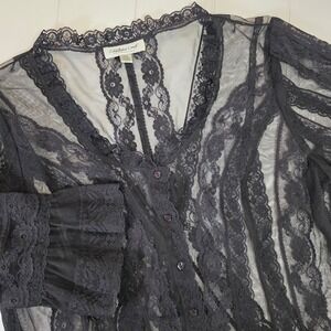 Coldwater Creek XLP Black Lace Bell Sleeve Button Up Sheer Blouse Victorian